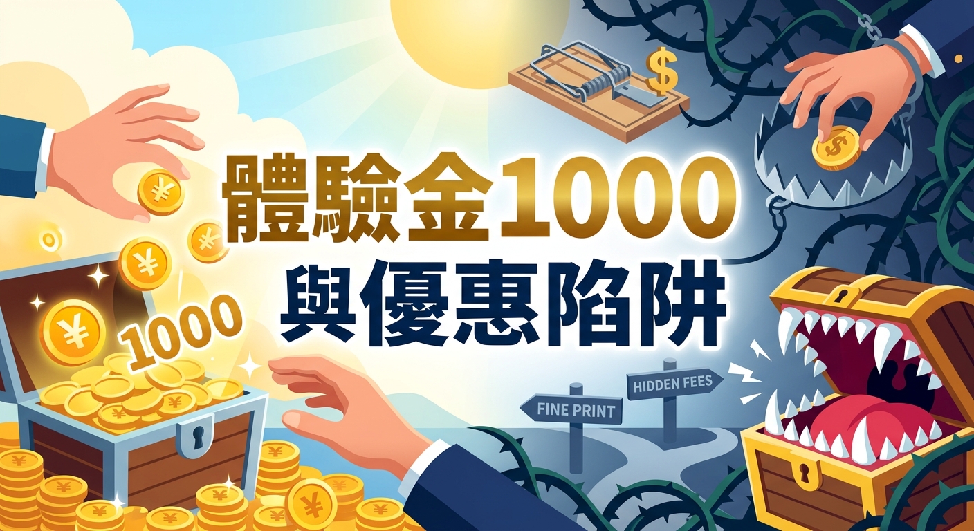 畫面中央印有顯眼的「體驗金1000與優惠陷阱」標題,左側展示著充滿吸引力的金色寶箱與金幣,右側則暗藏著捕獸夾、荊棘與隱藏條款。 全圖以明暗強烈的視覺對比,形象地揭示了看似誘人的高額體驗金背後可能隱藏的消費陷阱與風險。