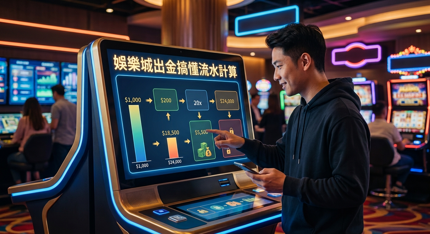 畫面中一名年輕男子在燈光炫麗的娛樂城內，專注地操作著一台高科技介面的數位終端機。 機台螢幕上方標有顯眼的文字「娛樂城出金搞懂流水計算」，下方則顯示著詳細的流水計算流程與數據圖表。