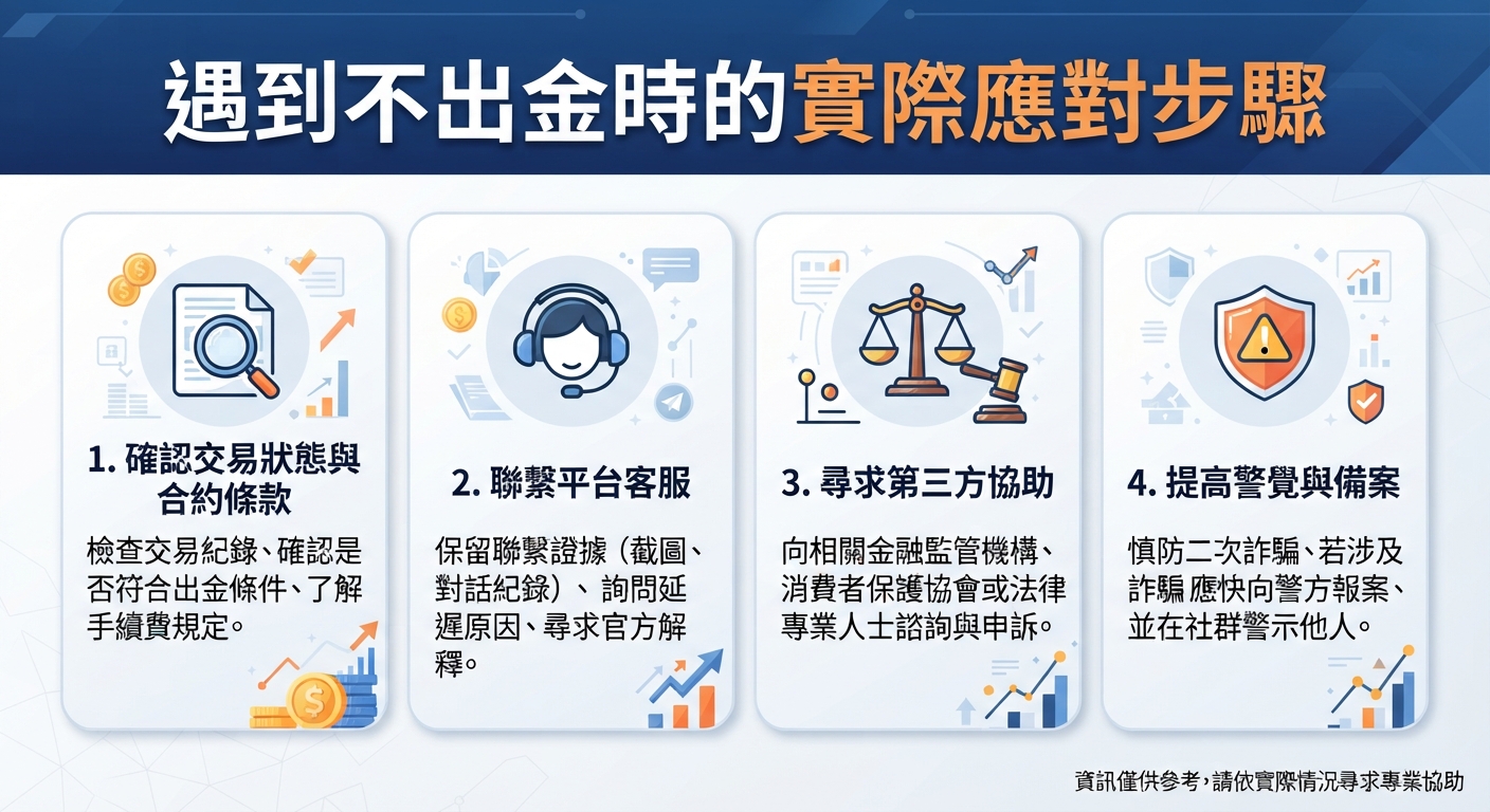 圖片主標題為「遇到不出金時的實際應對步驟」，下方列出四大應對步驟與相關圖示。 整體設計採用專業的藍色調與資訊圖表風格，並在右下角附上資訊僅供參考的免責聲明。
