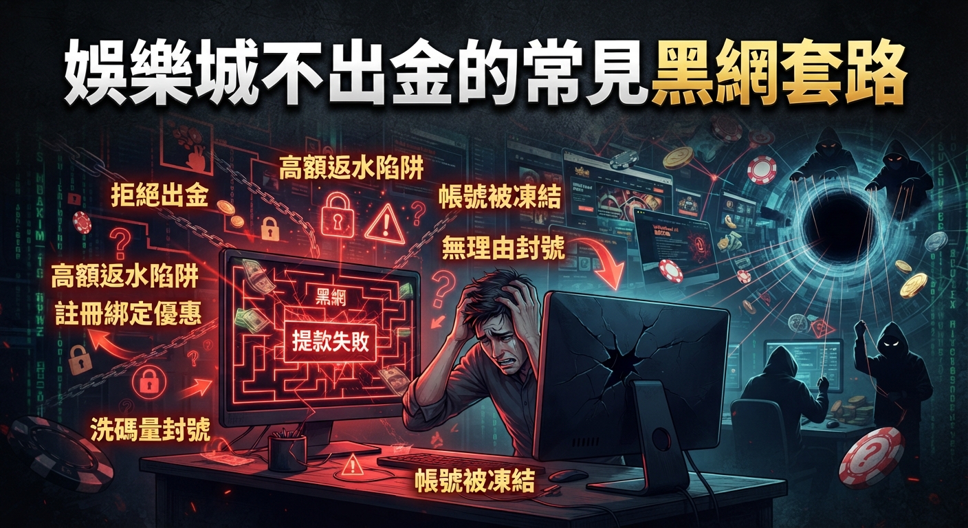 這張圖片的主題為「娛樂城不出金的常見黑網套路」，畫面中顯示一名男子面對被鎖定的電腦螢幕和駭客威脅，突顯線上賭博詐騙與無法提領資金的困境。